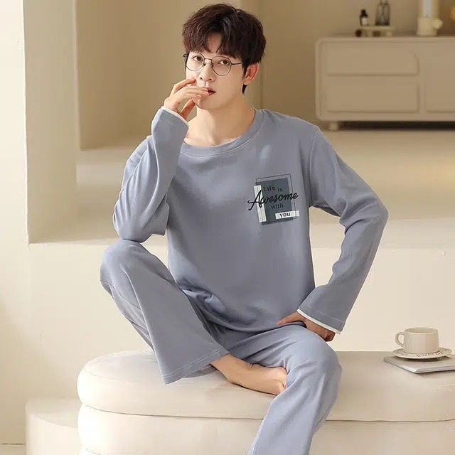俏霓桐 春秋款时尚简约纯棉亲肤柔软运动休闲百搭舒适长袖长裤家居服可外穿睡衣套装 男款