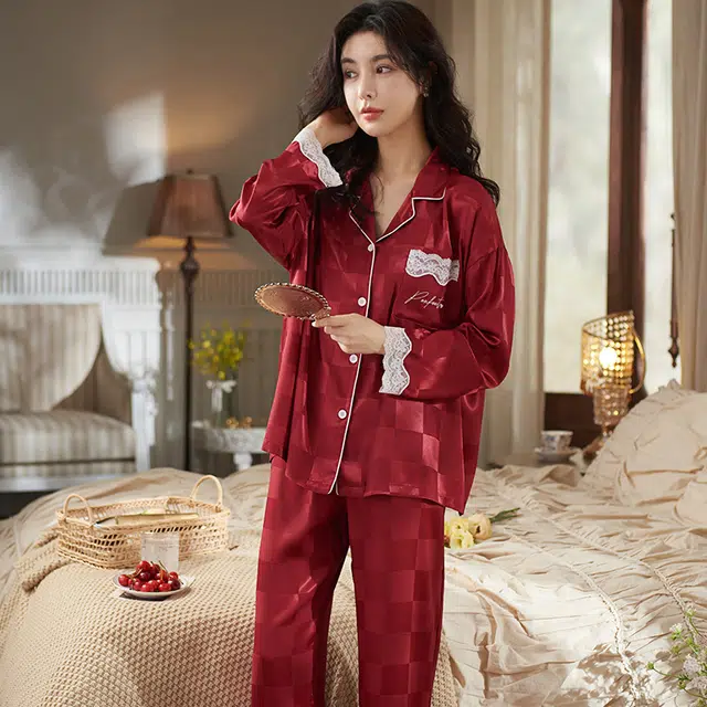 俏霓桐 甜美舒适凉感冰雪丝长袖长裤休闲可外穿睡衣套装 女款 红色