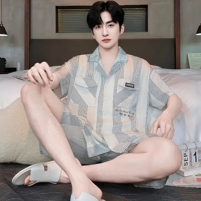 俏霓桐 时尚简约条纹休闲高级舒适凉感家居服可外穿夏季睡衣套装 男款 图色