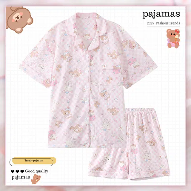 俏霓桐 薄款时尚甜美可爱卡通小熊休闲百搭透气舒适家居服可外穿夏季睡衣套装 女款