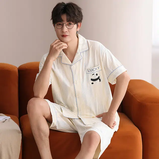 俏霓桐 简约休闲可爱卡通熊猫舒适亲肤家居服可外穿夏季睡衣套装 男款 图色