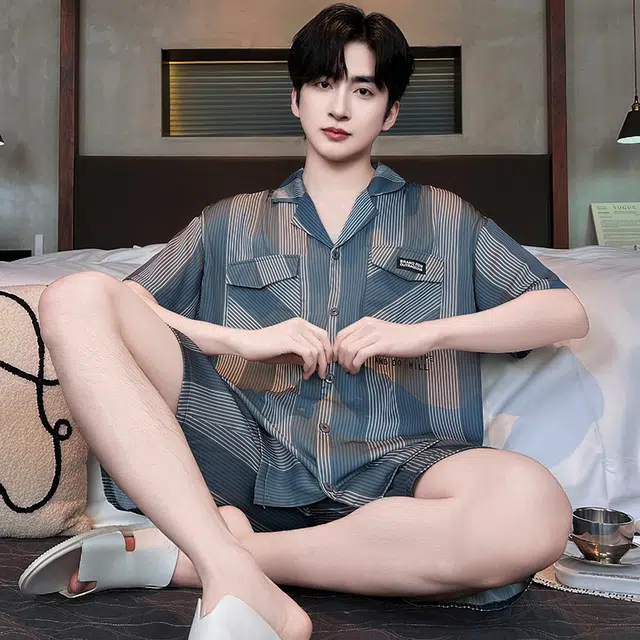 俏霓桐 时尚条纹高级感简约休闲舒适凉感家居服可外穿睡衣套装 男款 图色