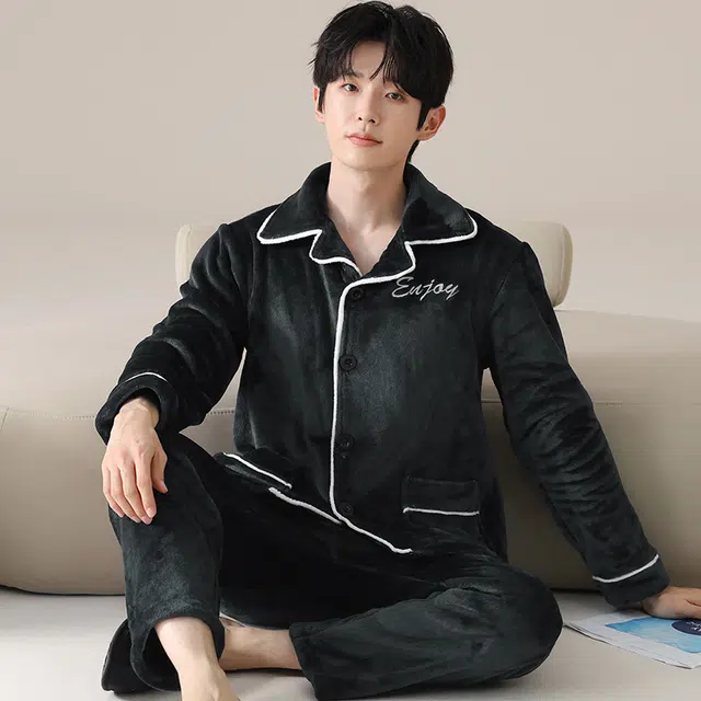 俏霓桐 时尚休闲轻奢高级感保暖蓄温法兰绒加绒加厚长袖长裤家居服可外穿睡衣套装 男款