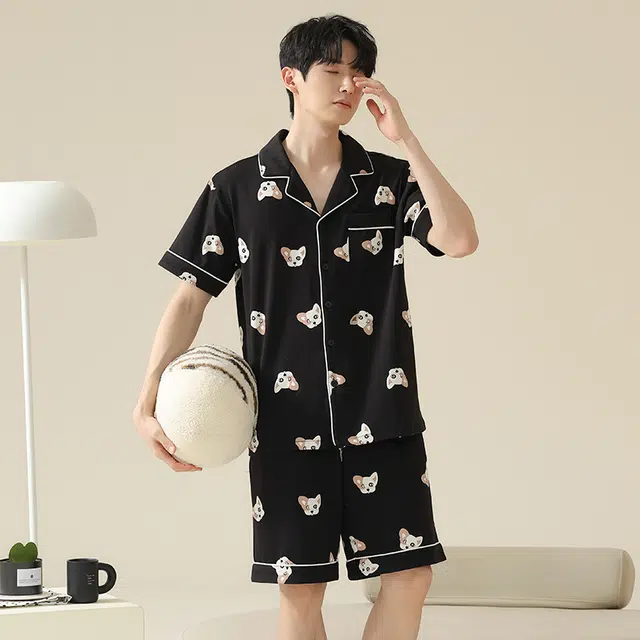 俏霓桐 时尚卡通可爱简约舒适家居服可外穿睡衣套装 男款 图色