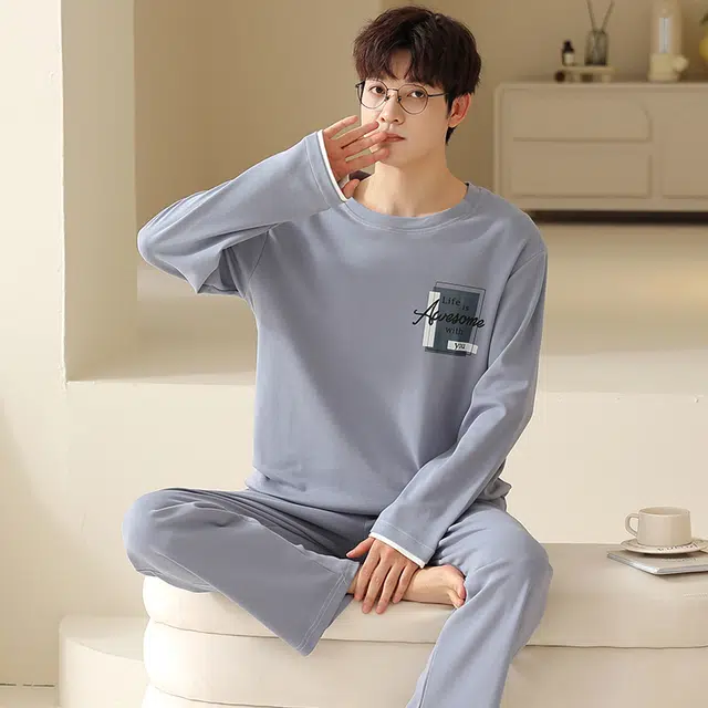 俏霓桐 春秋款时尚简约纯棉亲肤柔软运动休闲百搭舒适长袖长裤家居服可外穿睡衣套装 男款