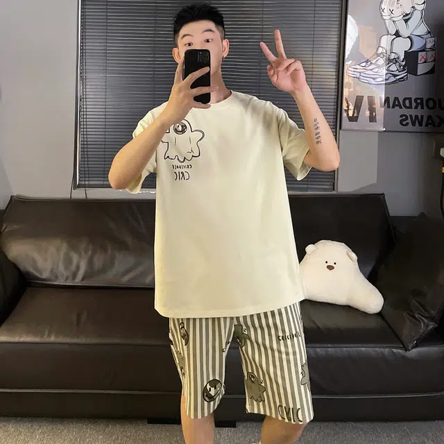 俏霓桐 薄款时尚搞怪可爱卡通简约休闲舒适透气家居服可外穿夏季睡衣套装 男款