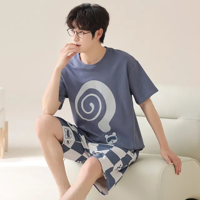 俏霓桐 夏季简约时尚休闲可爱卡通舒适家居服可外穿睡衣套装 男款 图色