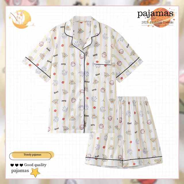 俏霓桐 薄款甜美可爱卡通休闲小清新简约透气舒适家居服可外穿夏季睡衣套装 女款