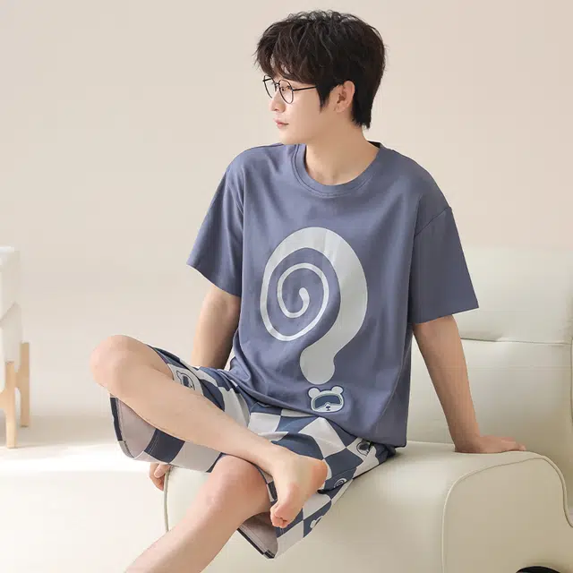俏霓桐 夏季简约时尚休闲可爱卡通舒适家居服可外穿睡衣套装 男款 图色