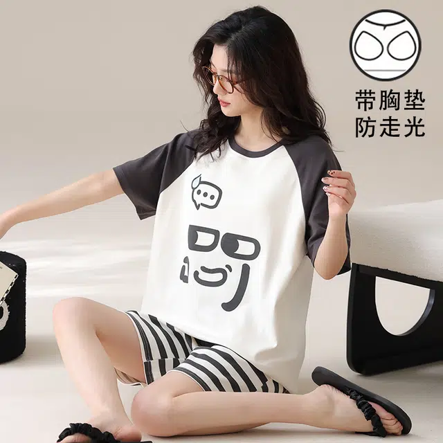 俏霓桐 简约可爱休闲甜美舒适家居服带胸垫可外穿睡衣套装 女款 图色