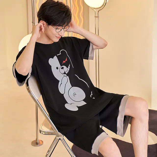 俏霓桐 时尚可爱简约休闲卡通舒适亲肤家居服可外穿睡衣套装 男款 图色