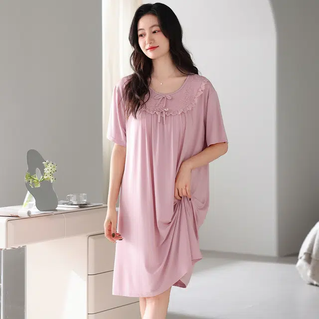 俏霓桐 薄款优雅甜美花边可爱蝴蝶结简约休闲带胸垫家居服可外穿短袖夏季睡裙 女款