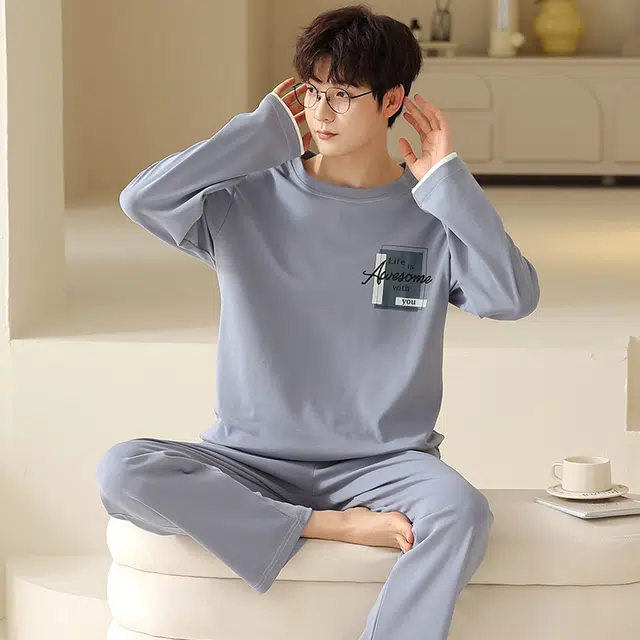 俏霓桐 春秋款时尚简约纯棉亲肤柔软运动休闲百搭舒适长袖长裤家居服可外穿睡衣套装 男款