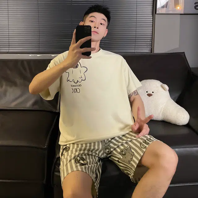 俏霓桐 薄款时尚搞怪可爱卡通简约休闲舒适透气家居服可外穿夏季睡衣套装 男款