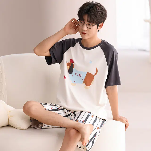 俏霓桐 可爱卡通小狗休闲简约条纹舒适家居服可外穿夏季睡衣套装 男款 图色