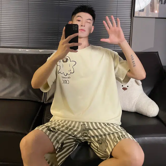 俏霓桐 薄款时尚搞怪可爱卡通简约休闲舒适透气家居服可外穿夏季睡衣套装 男款