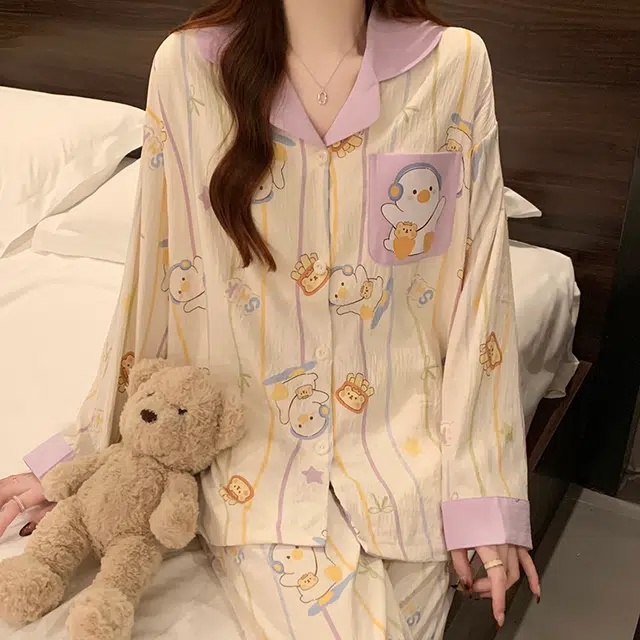 俏霓桐 萌新系列 可爱卡通软萌甜美舒适家居服带胸垫可外穿睡衣套装 女款 图色