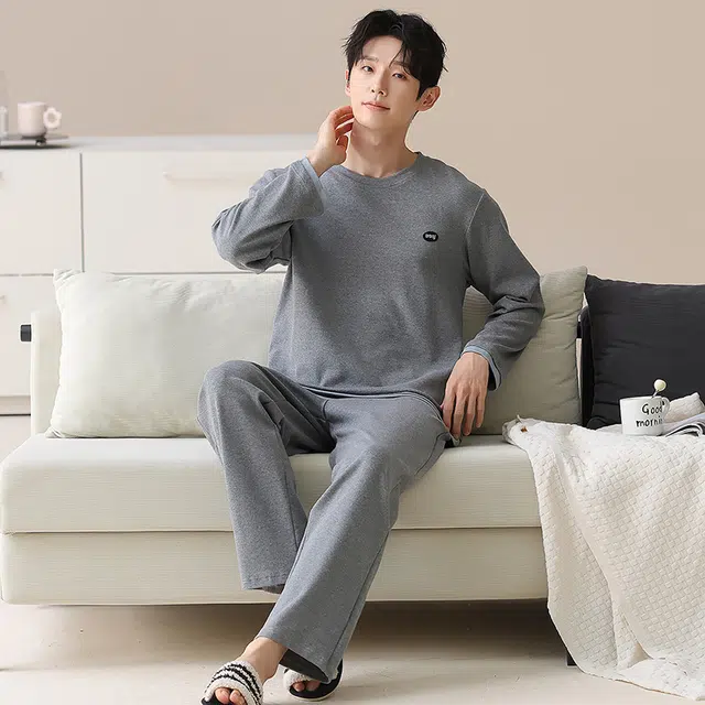 俏霓桐 时尚拼色纯棉亲肤圆领简约休闲舒适柔软长袖长裤家居服可外穿睡衣套装 男款