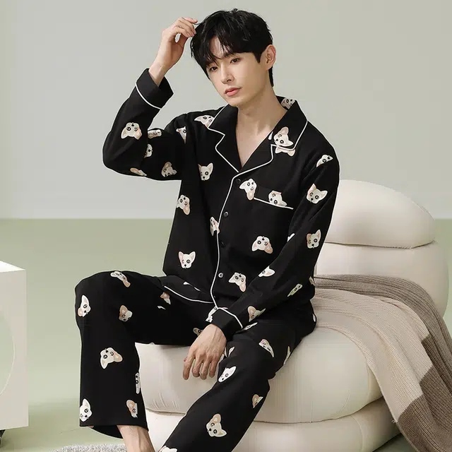 俏霓桐 时尚法斗狗可爱卡通舒适翻领休闲简约长袖长裤家居服可外穿睡衣套装 男款