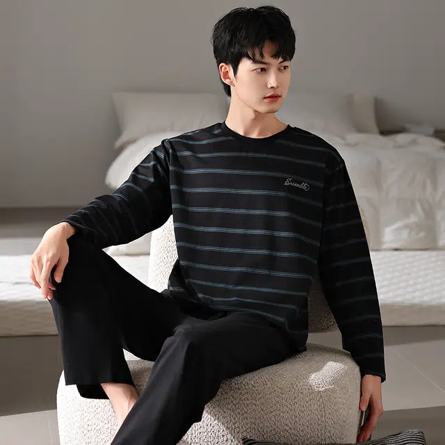 俏霓桐 春秋款简约时尚条纹纯棉亲肤运动休闲百搭舒适圆领长袖长裤家居服可外穿睡衣套装 男款