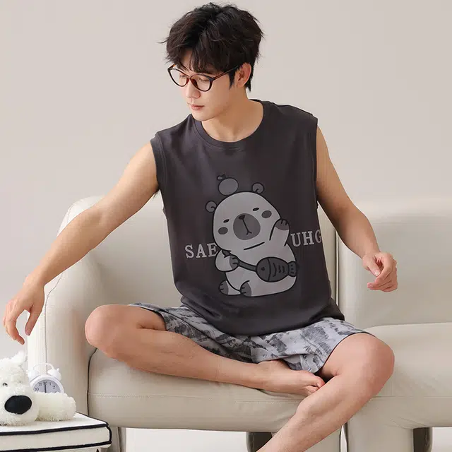 俏霓桐 简约可爱卡通时尚休闲舒适无袖家居服可外穿夏季睡衣套装 男款 图色