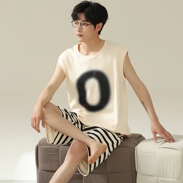 俏霓桐 简约舒适亲肤无袖背心家居服可外穿休闲五分裤睡衣套装 男款 杏色