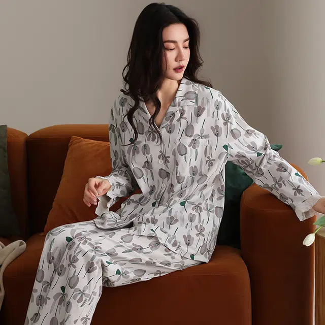俏霓桐 春秋款复古精致花朵清新优雅甜美舒适纯棉亲肤长袖长裤家居服可外穿睡衣套装 女款