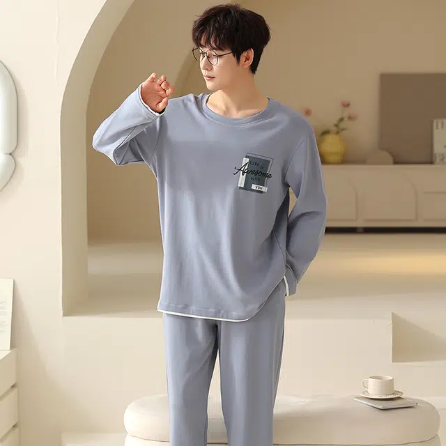 俏霓桐 春秋款时尚简约纯棉亲肤柔软运动休闲百搭舒适长袖长裤家居服可外穿睡衣套装 男款