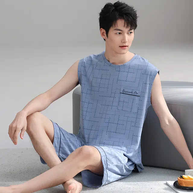 俏霓桐 夏季薄款时尚简约休闲百搭高级感棉亲肤透气无袖家居服可外穿睡衣套装 男款