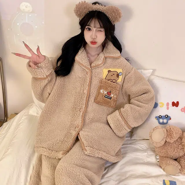 俏霓桐 精致保暖蓄温加绒加厚可爱卡通简约舒适柔软少女风家居服可外穿睡衣套装 女款