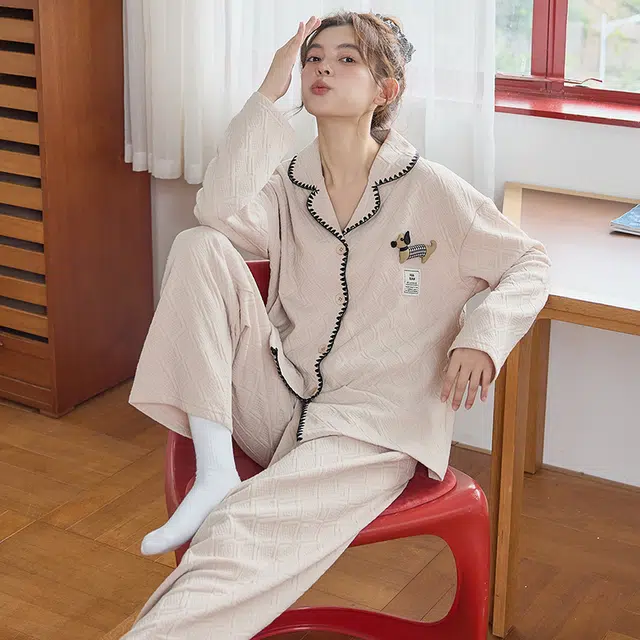 俏霓桐 可爱立体卡通甜美保暖蓄温空气棉夹层翻领长袖长裤家居服可外穿睡衣套装 女款