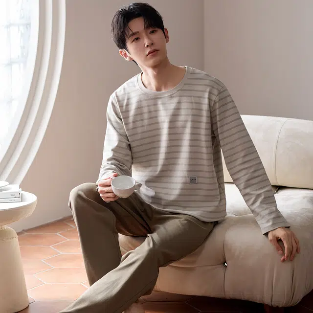 俏霓桐 简约条纹圆领纯棉亲肤舒适百搭休闲长袖长裤家居服可外穿睡衣套装 男款