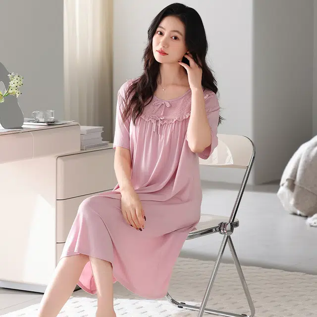 俏霓桐 薄款优雅甜美花边可爱蝴蝶结简约休闲带胸垫家居服可外穿短袖夏季睡裙 女款