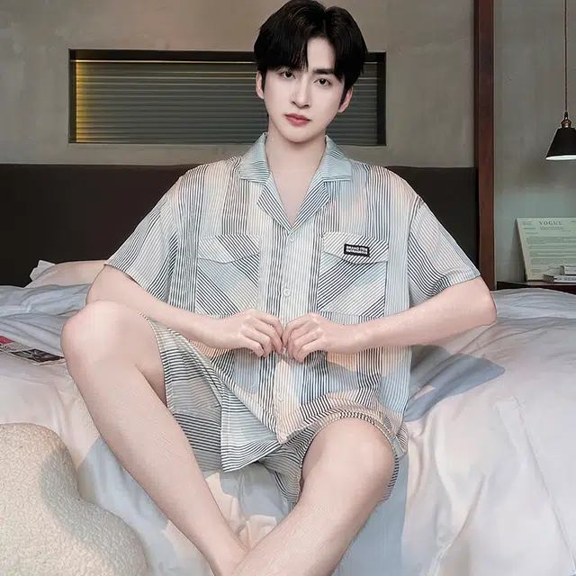 俏霓桐 时尚简约条纹休闲高级舒适凉感家居服可外穿夏季睡衣套装 男款 图色