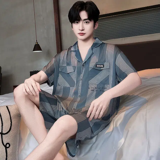 俏霓桐 时尚条纹高级感简约休闲舒适凉感家居服可外穿睡衣套装 男款 图色