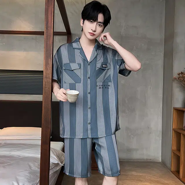 俏霓桐 时尚条纹高级感简约休闲舒适凉感家居服可外穿睡衣套装 男款 图色