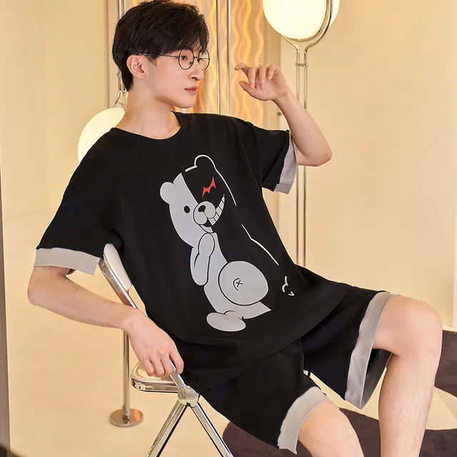 俏霓桐 时尚可爱简约休闲卡通舒适亲肤家居服可外穿睡衣套装 男款 图色