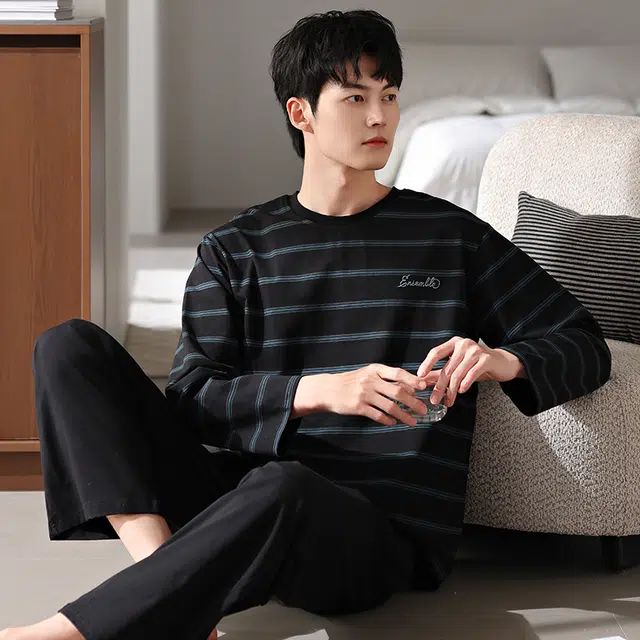 俏霓桐 春秋款简约时尚条纹纯棉亲肤运动休闲百搭舒适圆领长袖长裤家居服可外穿睡衣套装 男款