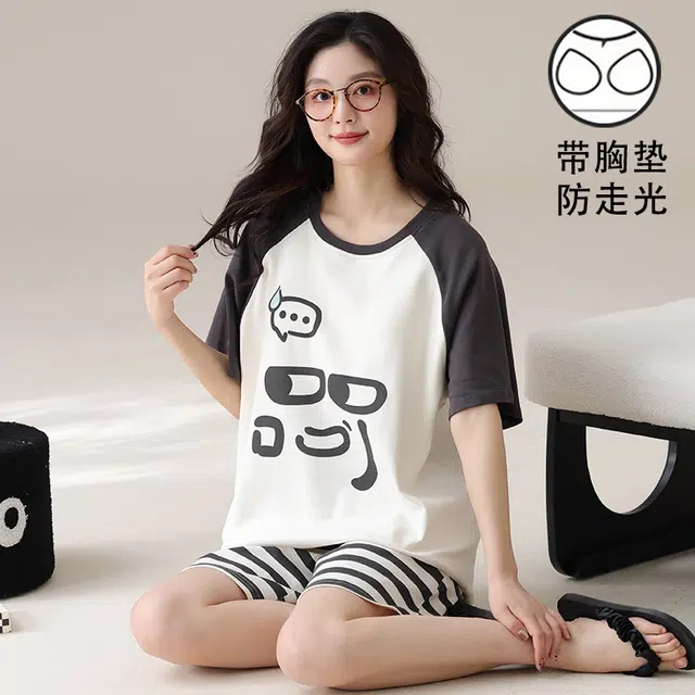 俏霓桐 简约可爱休闲甜美舒适家居服带胸垫可外穿睡衣套装 女款 图色