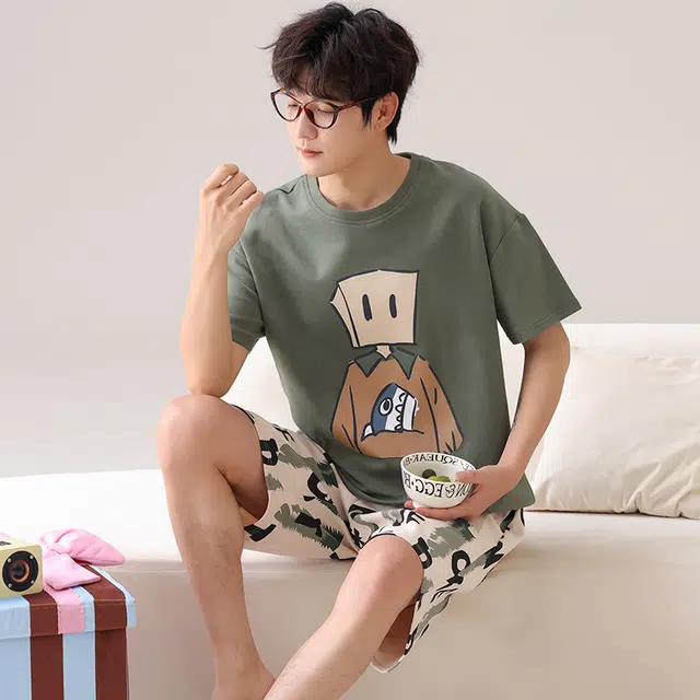 俏霓桐 时尚可爱卡通简约休闲舒适亲肤家居服可外穿夏季睡衣套装 男款 图色