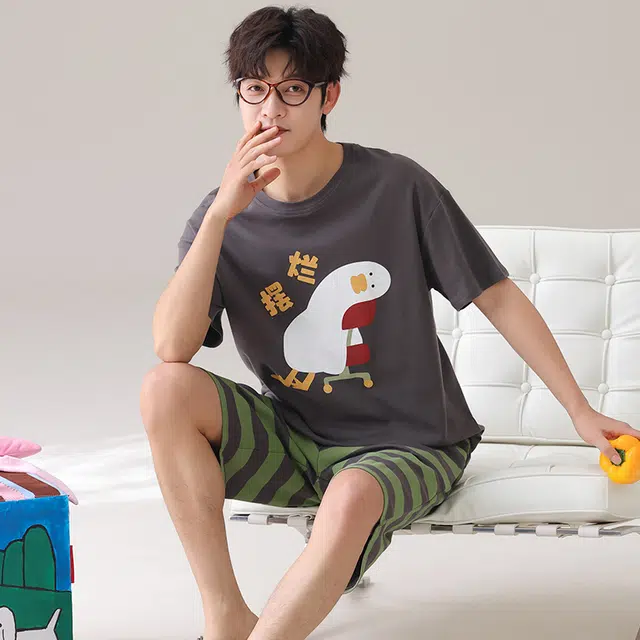 俏霓桐 时尚可爱卡通休闲简约条纹舒适家居服可外穿夏季睡衣套装 男款 图色
