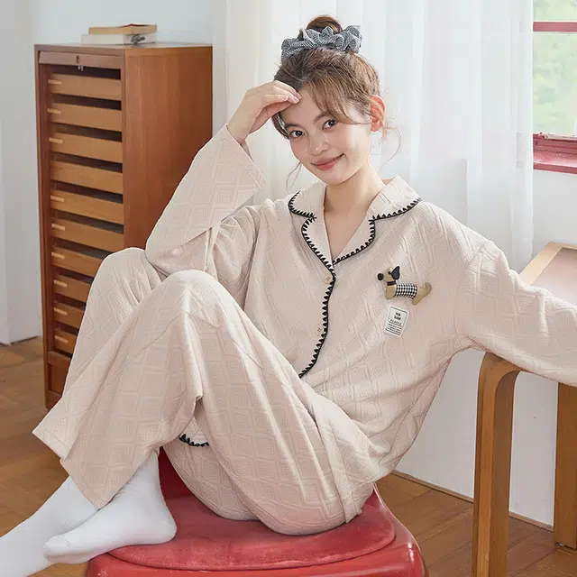 俏霓桐 可爱立体卡通甜美保暖蓄温空气棉夹层翻领长袖长裤家居服可外穿睡衣套装 女款