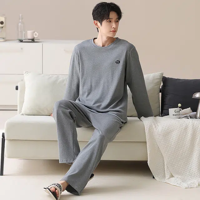 俏霓桐 时尚拼色纯棉亲肤圆领简约休闲舒适柔软长袖长裤家居服可外穿睡衣套装 男款