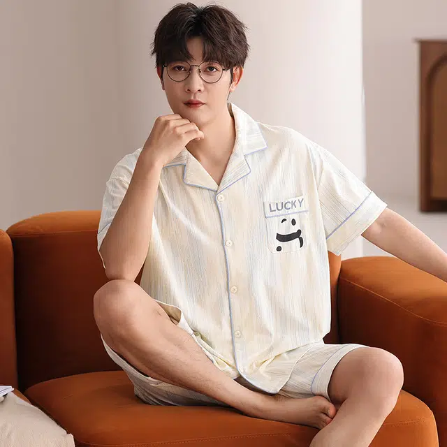 俏霓桐 简约休闲可爱卡通熊猫舒适亲肤家居服可外穿夏季睡衣套装 男款 图色
