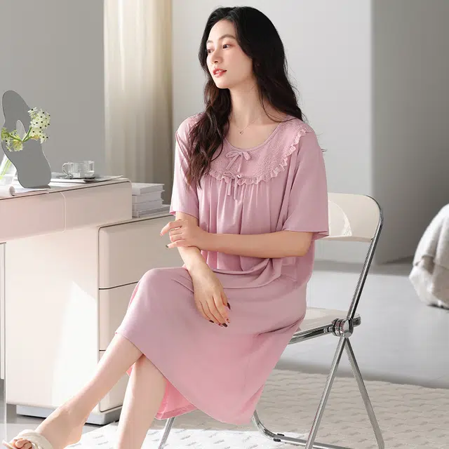 俏霓桐 薄款优雅甜美花边可爱蝴蝶结简约休闲带胸垫家居服可外穿短袖夏季睡裙 女款