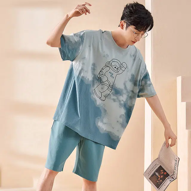 俏霓桐 夏季时尚简约休闲青春可爱卡通舒适家居服可外穿睡衣套装 男款 图色
