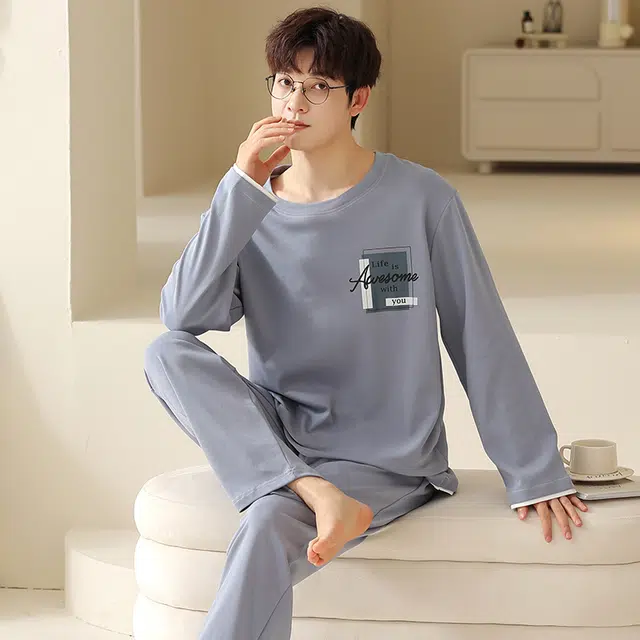 俏霓桐 春秋款时尚简约纯棉亲肤柔软运动休闲百搭舒适长袖长裤家居服可外穿睡衣套装 男款