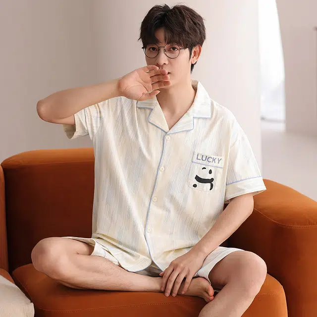 俏霓桐 简约休闲可爱卡通熊猫舒适亲肤家居服可外穿夏季睡衣套装 男款 图色