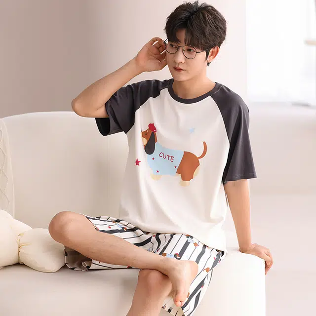 俏霓桐 可爱卡通小狗休闲简约条纹舒适家居服可外穿夏季睡衣套装 男款 图色