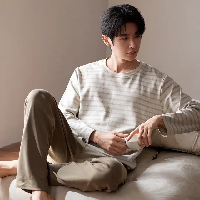 俏霓桐 简约条纹圆领纯棉亲肤舒适百搭休闲长袖长裤家居服可外穿睡衣套装 男款